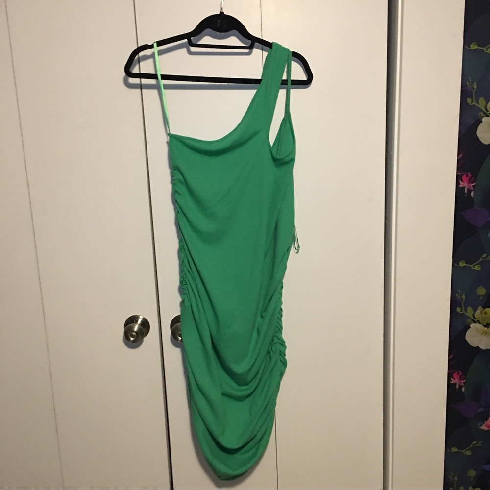 Love J One Shoulder Ribbed Scrunch Dress Size 2X Green Preowned